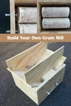 an open wooden box sitting on the ground next to some rolls of wood in it