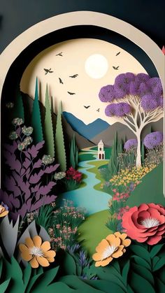 a paper cut landscape with flowers and trees