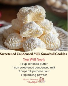 a poster with instructions for how to make snowball cookies on a white platter