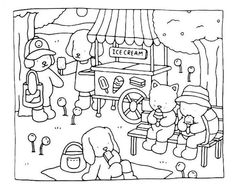 a black and white drawing of teddy bears in front of a ice cream stand with an ice cream vendor