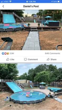 the same photo is taken in two different places, one with a pool and another with a slide