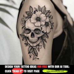 a woman's arm with a skull and flowers on it