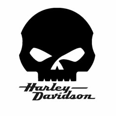 the harley davidson logo is shown in black and white, with a skull on it