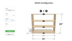 the shelf configurator has three shelves on each side and is shown with measurements