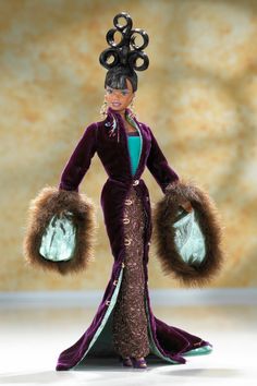 the doll is wearing a purple dress with furs on it's head and holding two bags