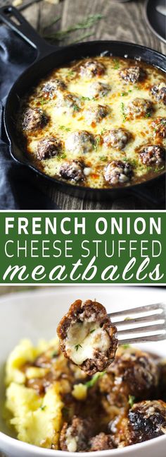 french onion cheese stuffed meatballs are served in a skillet and on a plate