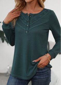 Color:Blackish Green;Size:S;Size:M;Size:L;Size:XL;Size:XXL;Package Contents:1 X T Shirt;Occasion:Other;Style:Bohemian; Henley Shirt Women, Women's Henley, Womens Knit Tops, Plain Blouse, Scoop Neck Long Sleeve, Green Long Sleeve, Tees For Women, Women Shirts Blouse, Henley Shirts