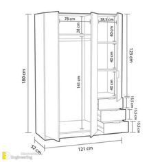 a drawing of a tall cabinet with drawers and shelves in the bottom right hand corner