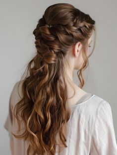 Elegant Half Up Half Down Prom Hairstyles: Braids and Waves Wedding Hair Circlet, Half Braided Wedding Hair, Lotr Inspired Hairstyles, Braided Hair Bride, Medieval Wedding Hairstyles, Wedding Hairstyles With Braids Half Up, Long Princess Hair, Arwen Hairstyle, Wedding Half Up Half Down Medium Length