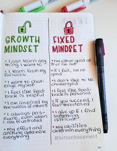 a notebook with some writing on it and a pen next to it that says growth minds