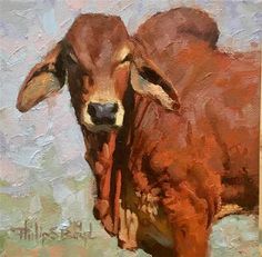 an oil painting of a brown cow standing in the grass