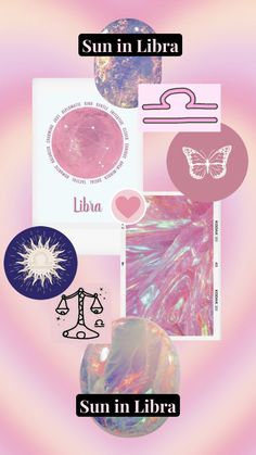 the sun in libra poster is shown with different symbols and colors, including an image of