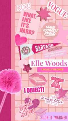 a pink poster with various stickers on it