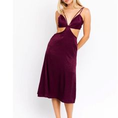 Burgundy Midi Dress Featuring Cutouts On Front And Back With A Tie Closure Detail. Subtle Print. Dress Is Lined And Not Sheer. By Le Lis Collection. Tags Says Large, Fits More Like Medium Seller Notes: In Black Box #Sds Same Or Next Day Shipping Purple Sleeveless Midi Dress For Evening, Purple Maxi Dress For Night Out, Elegant Purple Maxi Dress For Brunch, Dressy Purple Dress For Date Night, Purple Sleeveless Midi Dress For Cocktail, Purple Sleeveless Midi Dress For Casual Occasions, Purple Sleeveless Dress For Brunch, Sleeveless Purple Midi Dress For Cocktail, Fitted Purple Midi Dress For Dinner