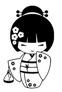 a black and white drawing of a geisha doll