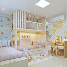 a child's bedroom with bunk beds, desks and other items in it