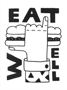 a black and white drawing of a hand with the word eat hell written on it