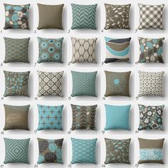 many different types of pillows and pillow covers on white background, all in various colors