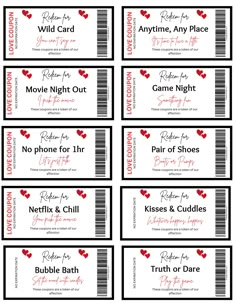 valentine's day movie ticket printables with hearts on the front and back