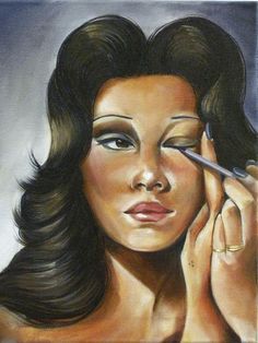 a painting of a woman getting her make - up done