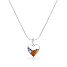 18K Yellow Gold and Sterling Silver Heart Pendant with Abalone Inlay and Hawaiian Koa Wood Inlay. 18" Sterling Silver Chain included. The pendant measures approximately 1" in length. Sterling Silver Heart Pendant, Koa Wood, Silver Heart Pendant, Wood Inlay, Fine Jewels, Gold Accent, Sterling Silver Heart, Silver And Gold, Silver Heart