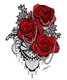 three red roses with pearls and lace on the stems are shown in this tattoo design