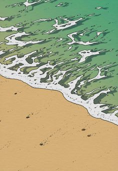 an image of the beach with waves coming in from the water and footprints on the sand