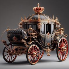 an elaborately decorated horse drawn carriage with red and gold trimmings on the sides