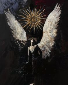 an angel with white wings standing in front of a black background and the sun above it