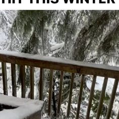 a wooden deck with snow on it and trees in the background that says, hit this winter