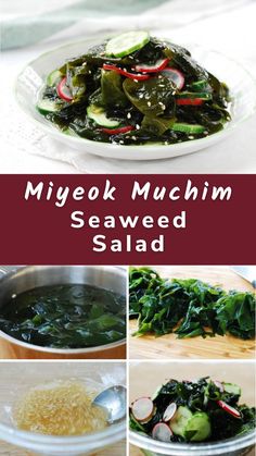 several pictures of different types of food on plates and in bowls, with the words miyeok muchim seaweed salad