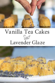 vanilla tea cakes with lavender glaze on a white plate and in the background there is a hand reaching for one