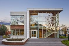 a building with many windows and steps leading up to it