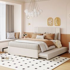 a bed room with a neatly made bed next to a window and a rug on the floor