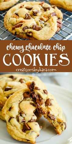 chewy chocolate chip cookies on a cooling rack with the title in the middle and bottom