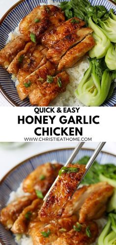 chicken and broccoli on a plate with the words, quick & easy honey garlic chicken