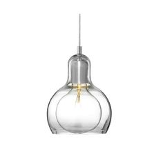 a clear glass light fixture with a white cord hanging from the ceiling and an open bulb