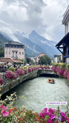 a small boat traveling down a river next to buildings and flowers in the foreground