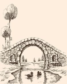 a drawing of two ducks swimming under a stone bridge over a stream in the woods