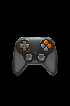 a black controller with orange buttons on the front and back sides is shown against a white background