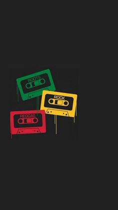 three old school cassette tapes with the words reggae on them in green, red and yellow