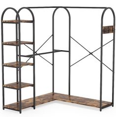 an iron and wood shelf unit with four shelves on each side, in the shape of a bookcase