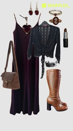 a woman's outfit is shown with boots and purse