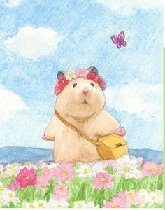 a drawing of a teddy bear sitting in the middle of flowers with a butterfly flying overhead