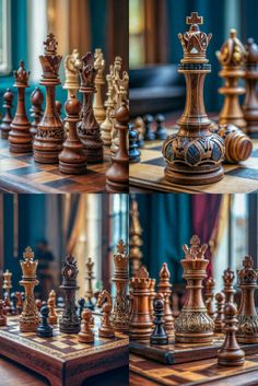 the chess set is made from wood and has many different types of pieces on it