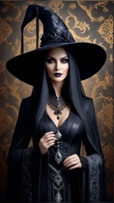 a woman dressed as a witch with long black hair wearing a hat and holding a wand