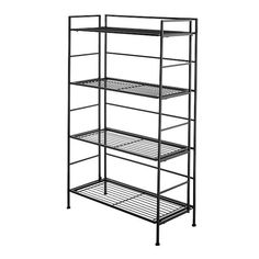 three tiered metal shelving unit with four shelves on the bottom and one shelf below