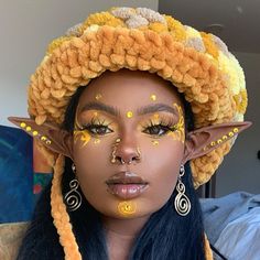 Yellow Makeup, Fairy Ears, Black Fairy, Halloween Fairy, Halloween Tattoo, Ethereal Makeup, Elf Costume, Elf Ears, Fairy Makeup