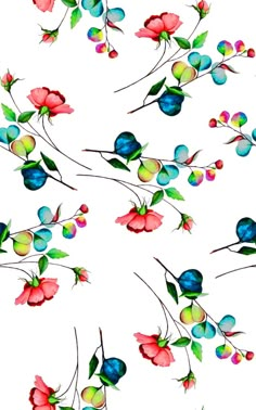 watercolor painting of flowers and leaves on a white background with blue, pink, green, red colors