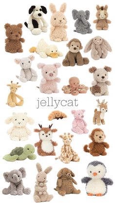 a bunch of stuffed animals that are all different colors and sizes, with the words jellycat on them